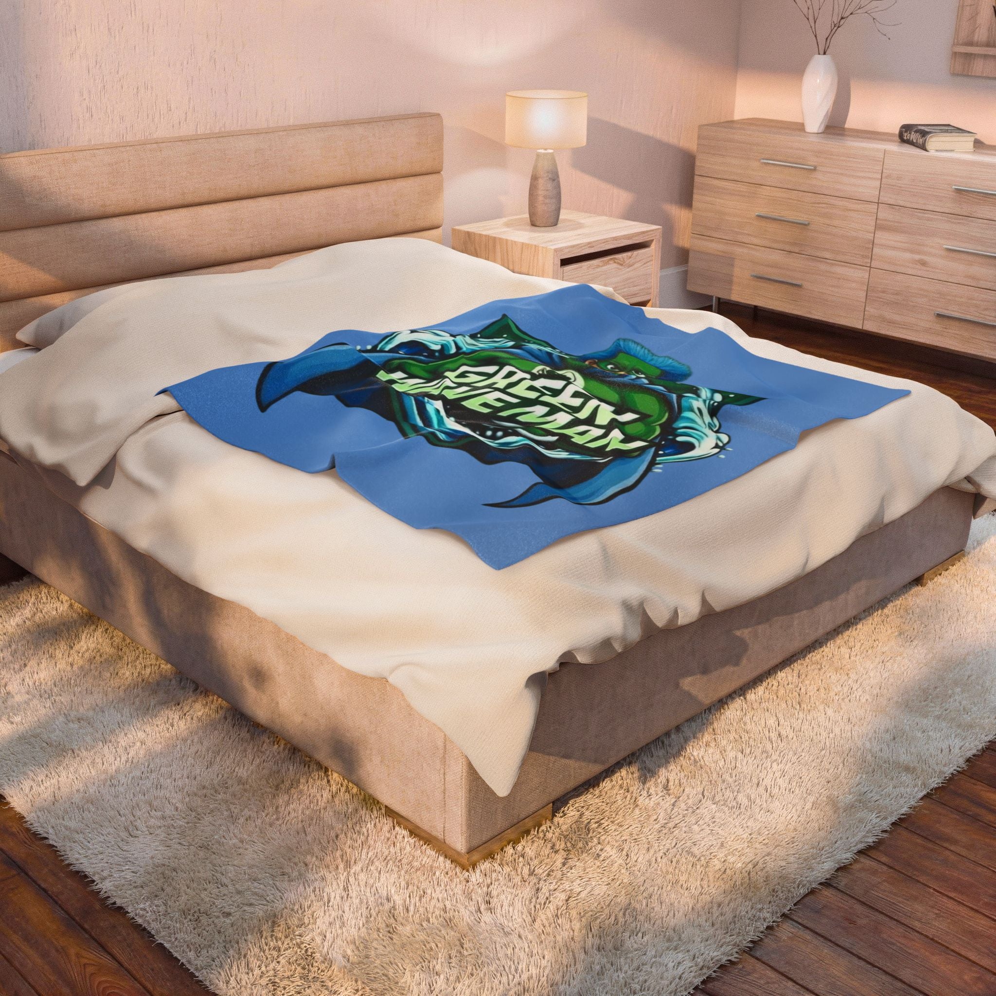 Green Wave Man Plush Blanket-Blue — Superhero Velveteen Throw