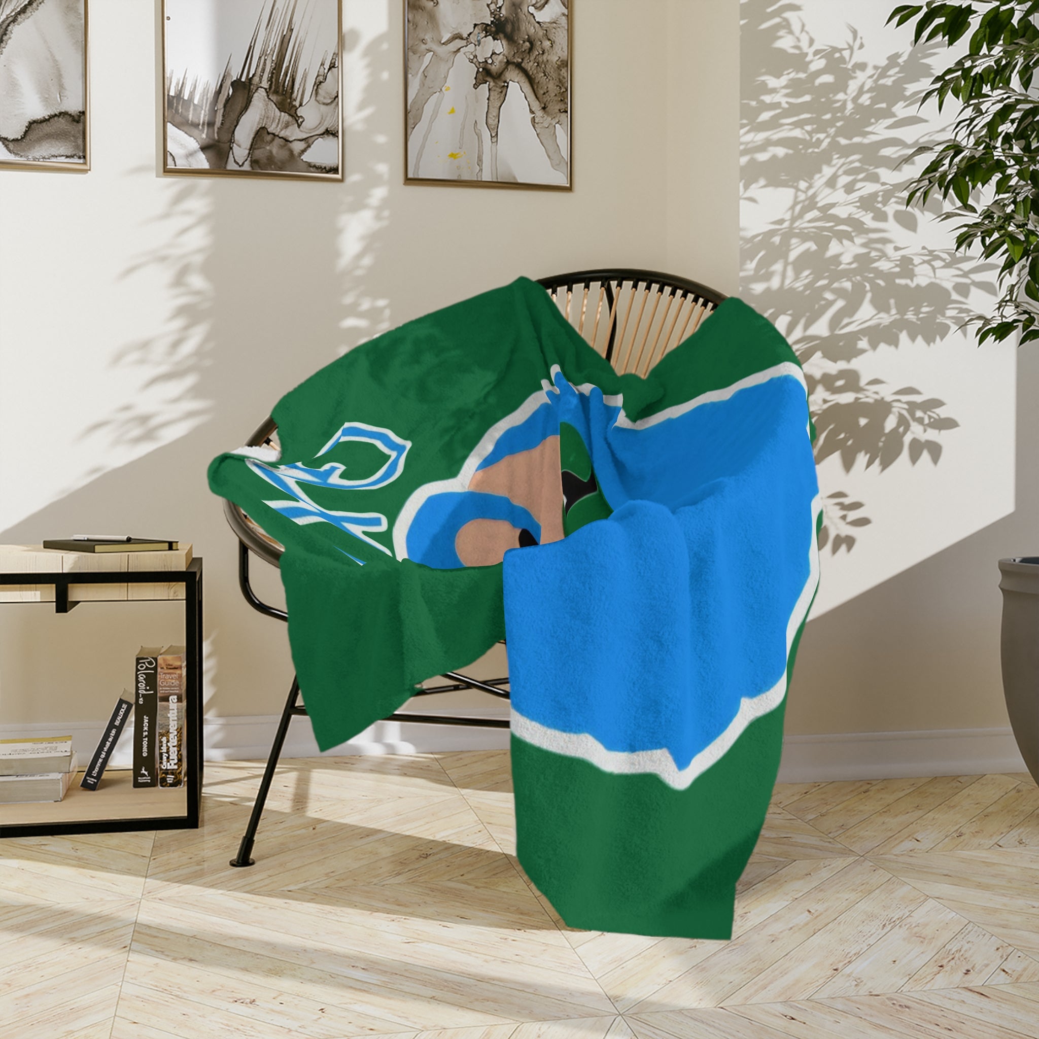 Green Wave Man (original logo) Large Microfiber Blanket — Bold Blue Afro Masked Face Design (GVMM)