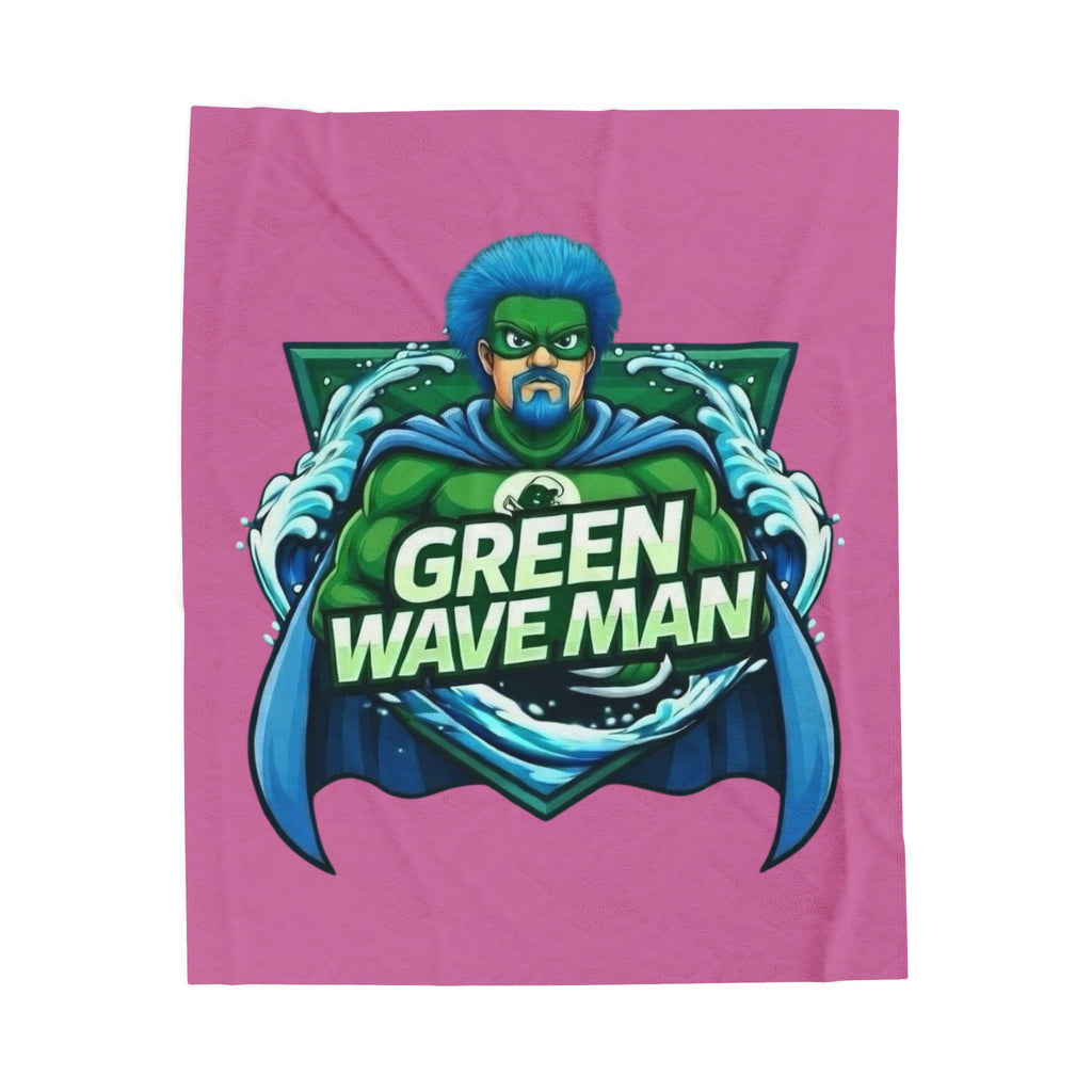 Green Wave Man Velveteen Plush Blanket -Pink— Superhero Ocean Graphic Throw