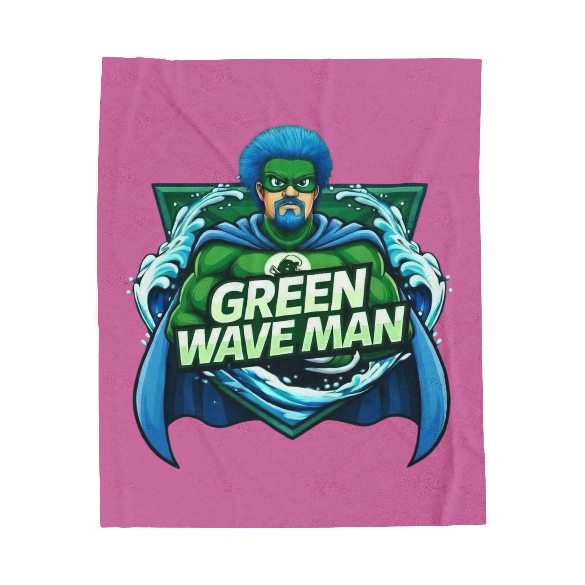 Green Wave Man Velveteen Plush Blanket -Pink— Superhero Ocean Graphic Throw