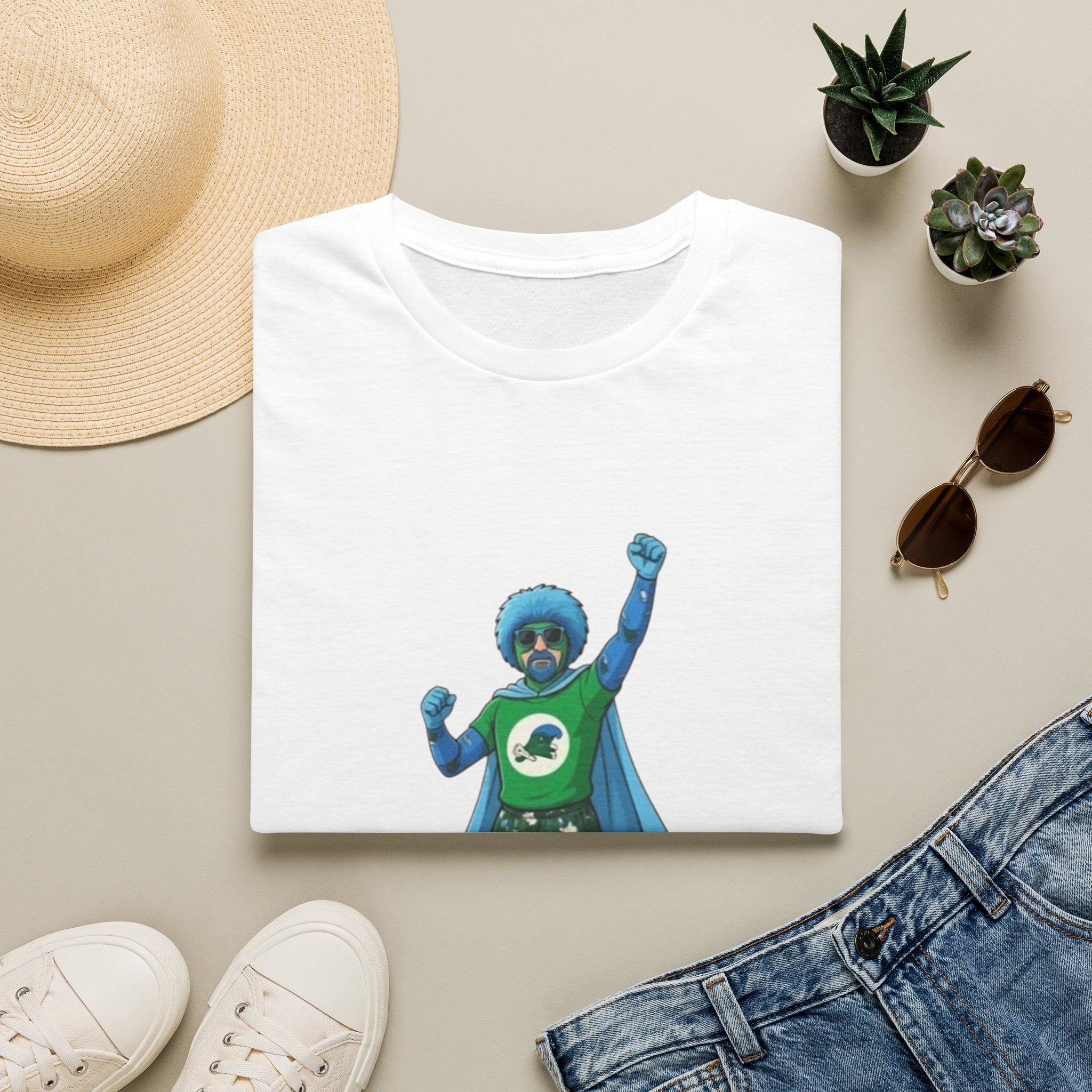 T-Shirt — Green Superhero Character Tee (Blue Afro Cape)