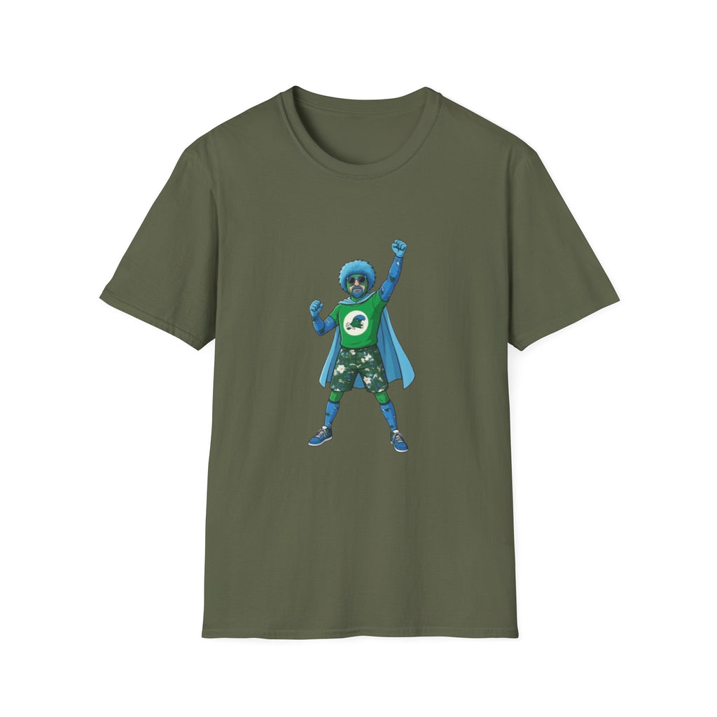 T-Shirt — Green Superhero Character Tee (Blue Afro Cape)