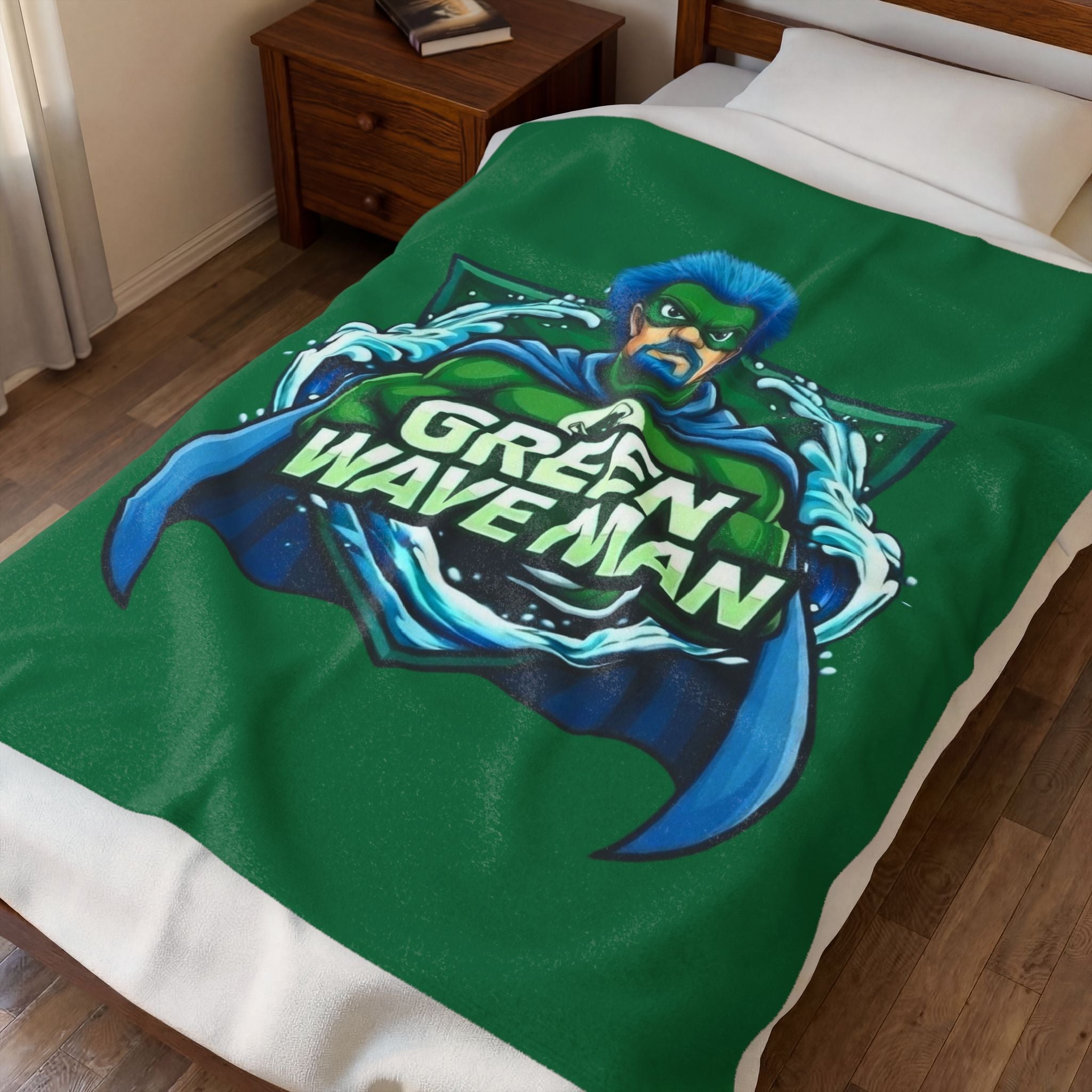 Green Wave Man Plush Blanket -Green-Cozy Velveteen Throw