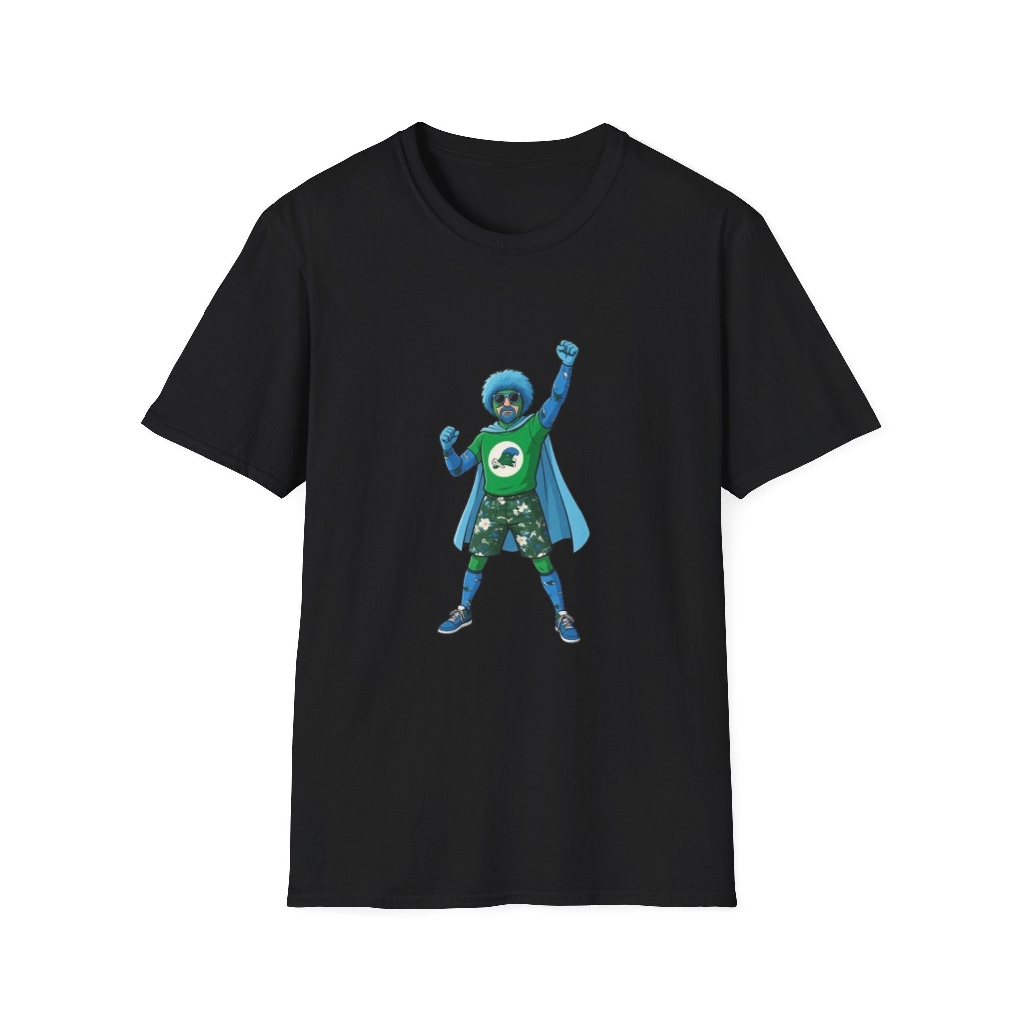 T-Shirt — Green Superhero Character Tee (Blue Afro Cape)