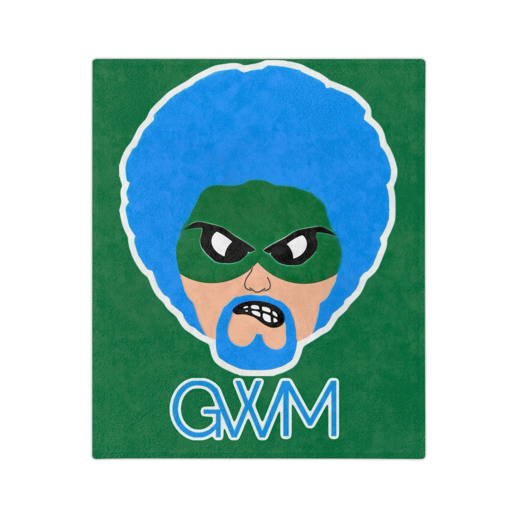 Green Wave Man (original logo) Large Microfiber Blanket — Bold Blue Afro Masked Face Design (GVMM)