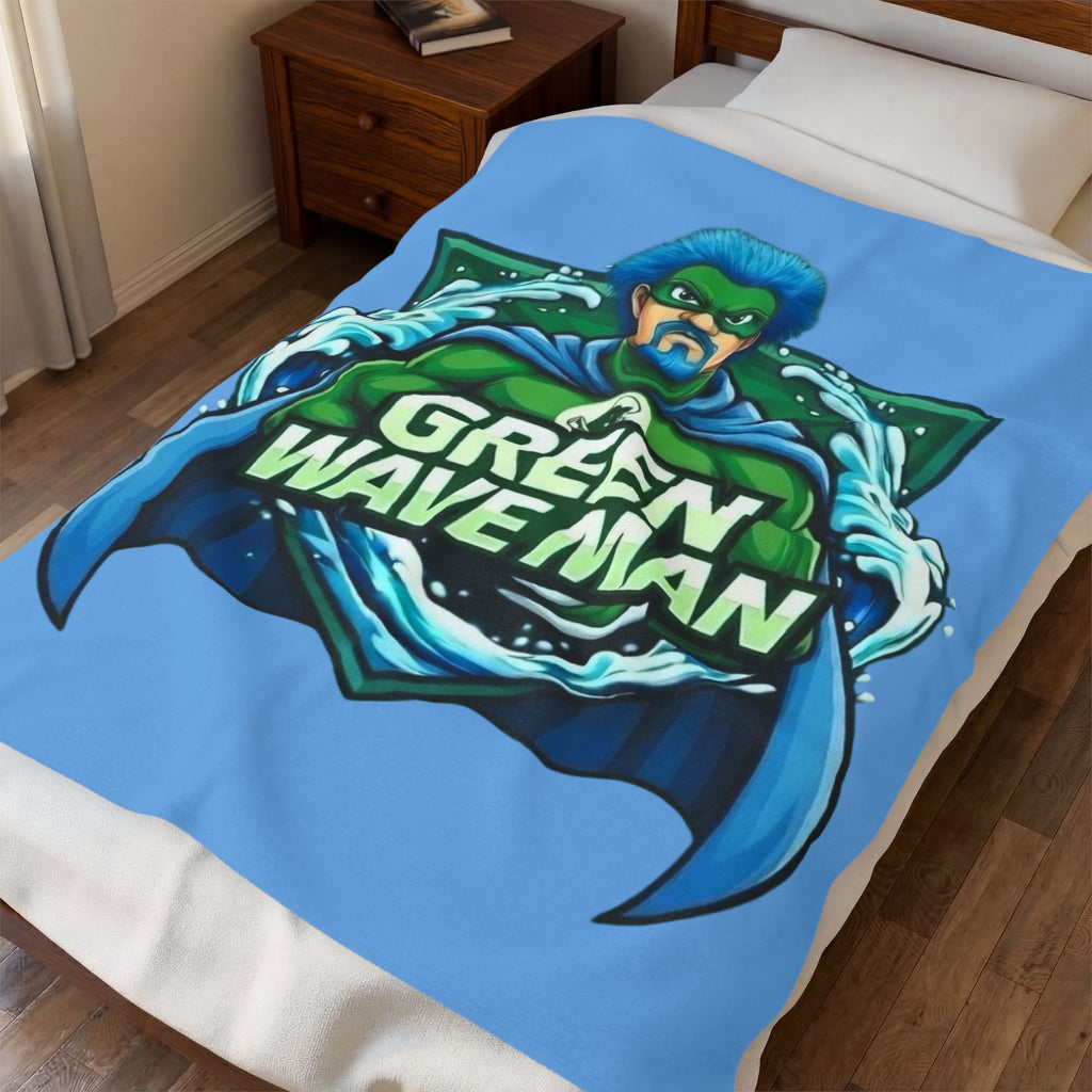 Green Wave Man Plush Blanket-Blue — Superhero Velveteen Throw