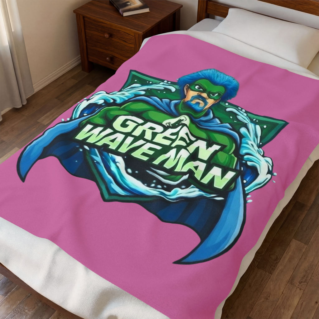 Green Wave Man Velveteen Plush Blanket -Pink— Superhero Ocean Graphic Throw