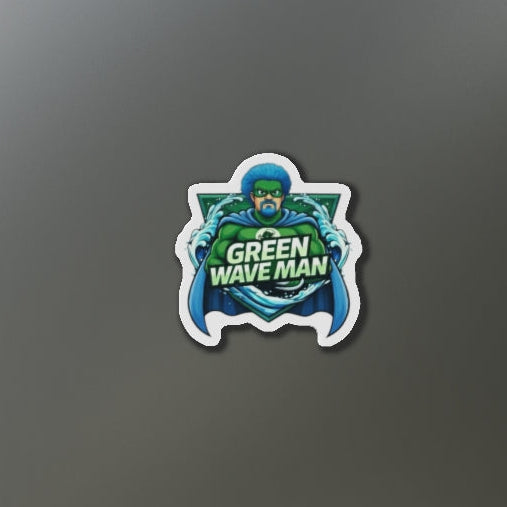 Green Wave Man Die-Cut Magnet — Superhero Ocean Wave Logo Fridge Magnet