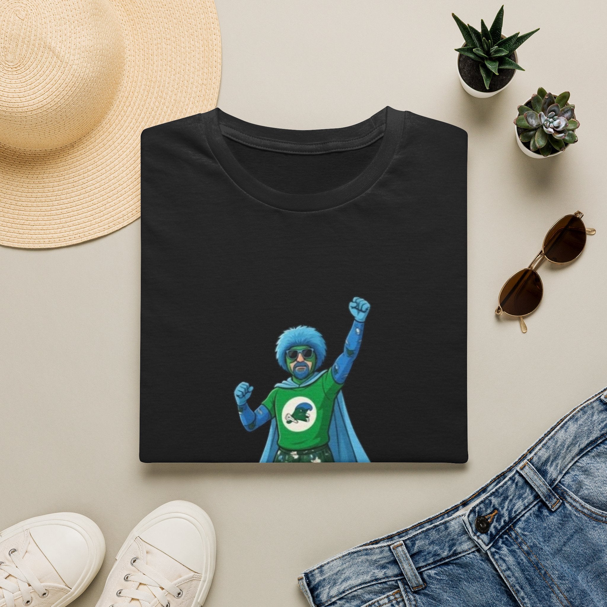 T-Shirt — Green Superhero Character Tee (Blue Afro Cape)