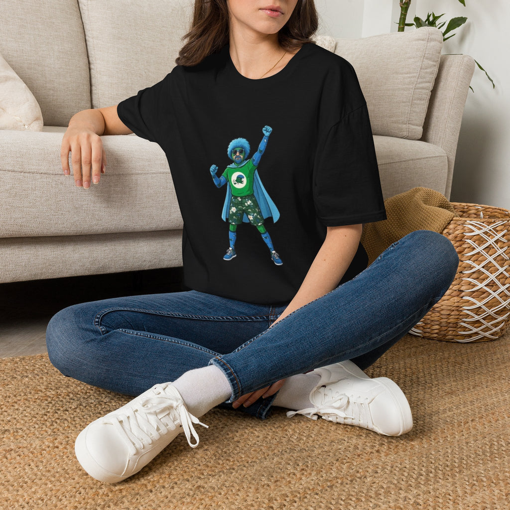 T-Shirt — Green Superhero Character Tee (Blue Afro Cape)