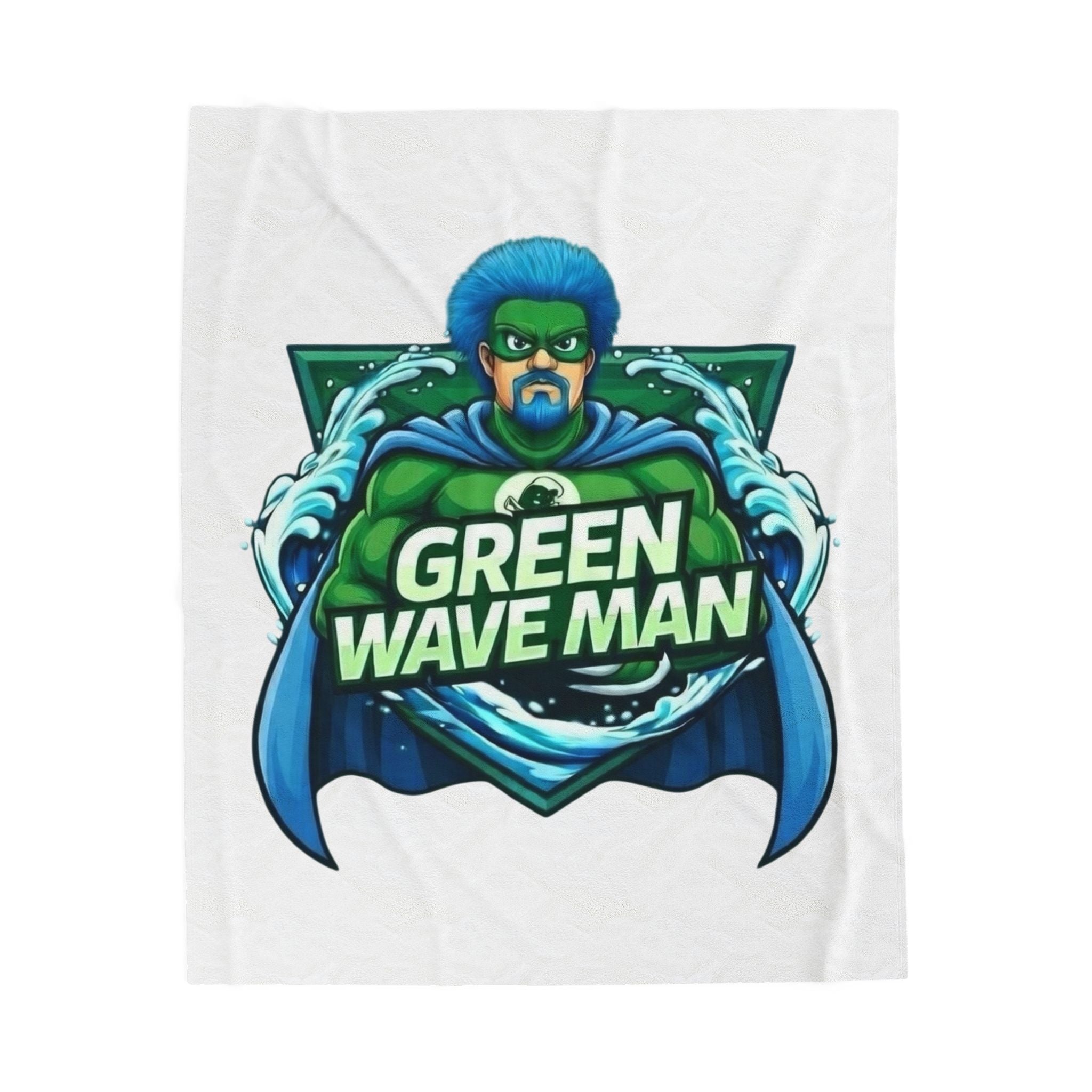 Green Wave Man Velveteen Plush Blanket-White — Superhero Ocean Waves Throw