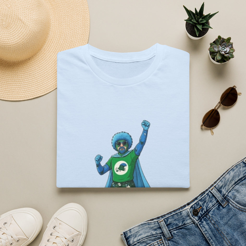 T-Shirt — Green Superhero Character Tee (Blue Afro Cape)