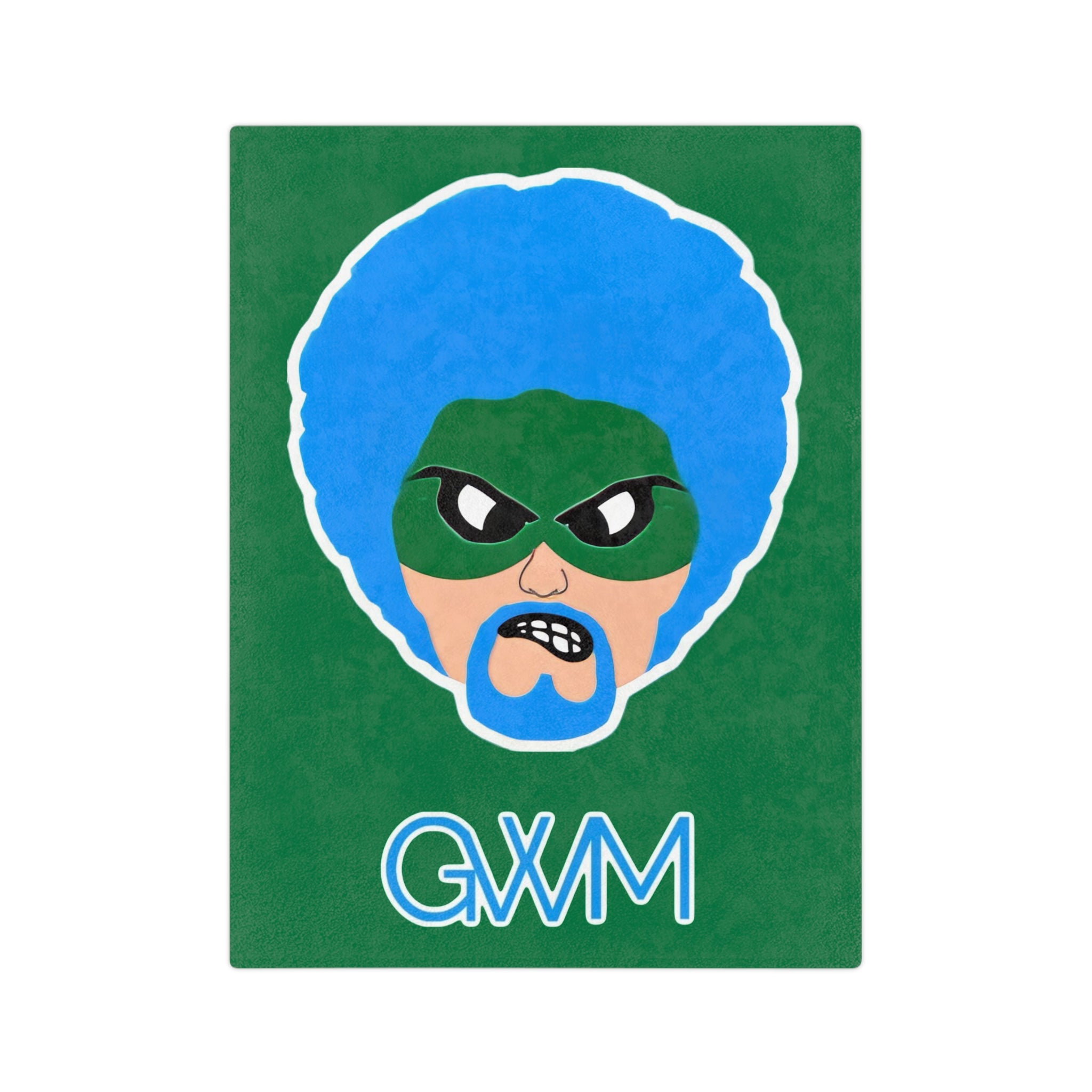 Green Wave Man (original logo) Large Microfiber Blanket — Bold Blue Afro Masked Face Design (GVMM)