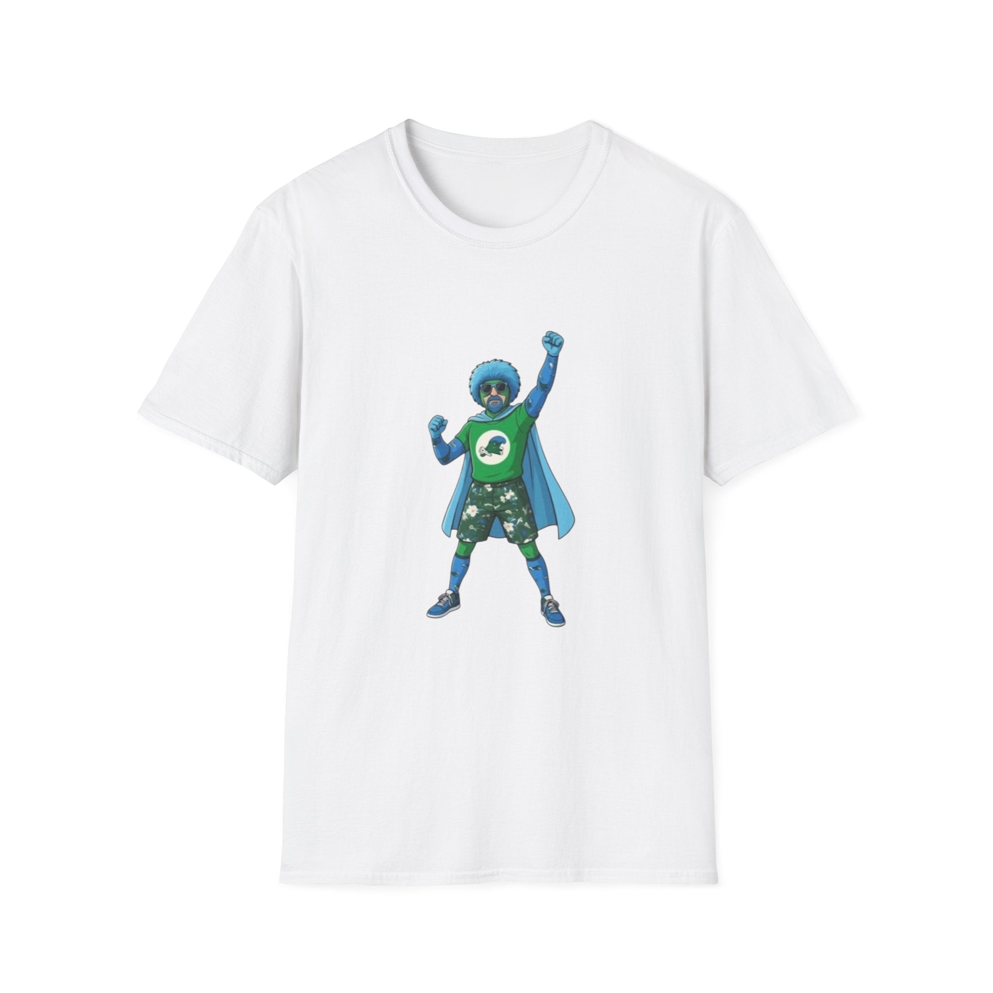 T-Shirt — Green Superhero Character Tee (Blue Afro Cape)