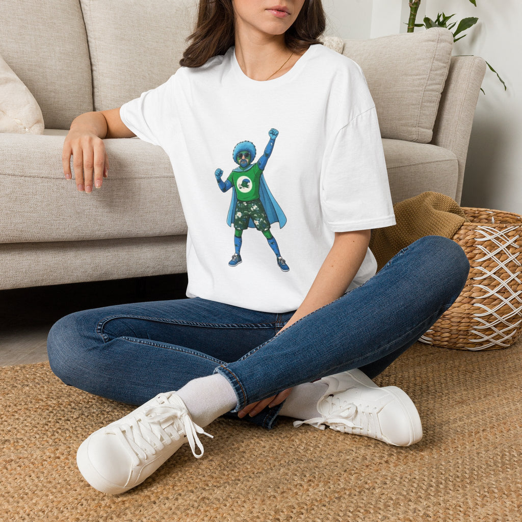 T-Shirt — Green Superhero Character Tee (Blue Afro Cape)