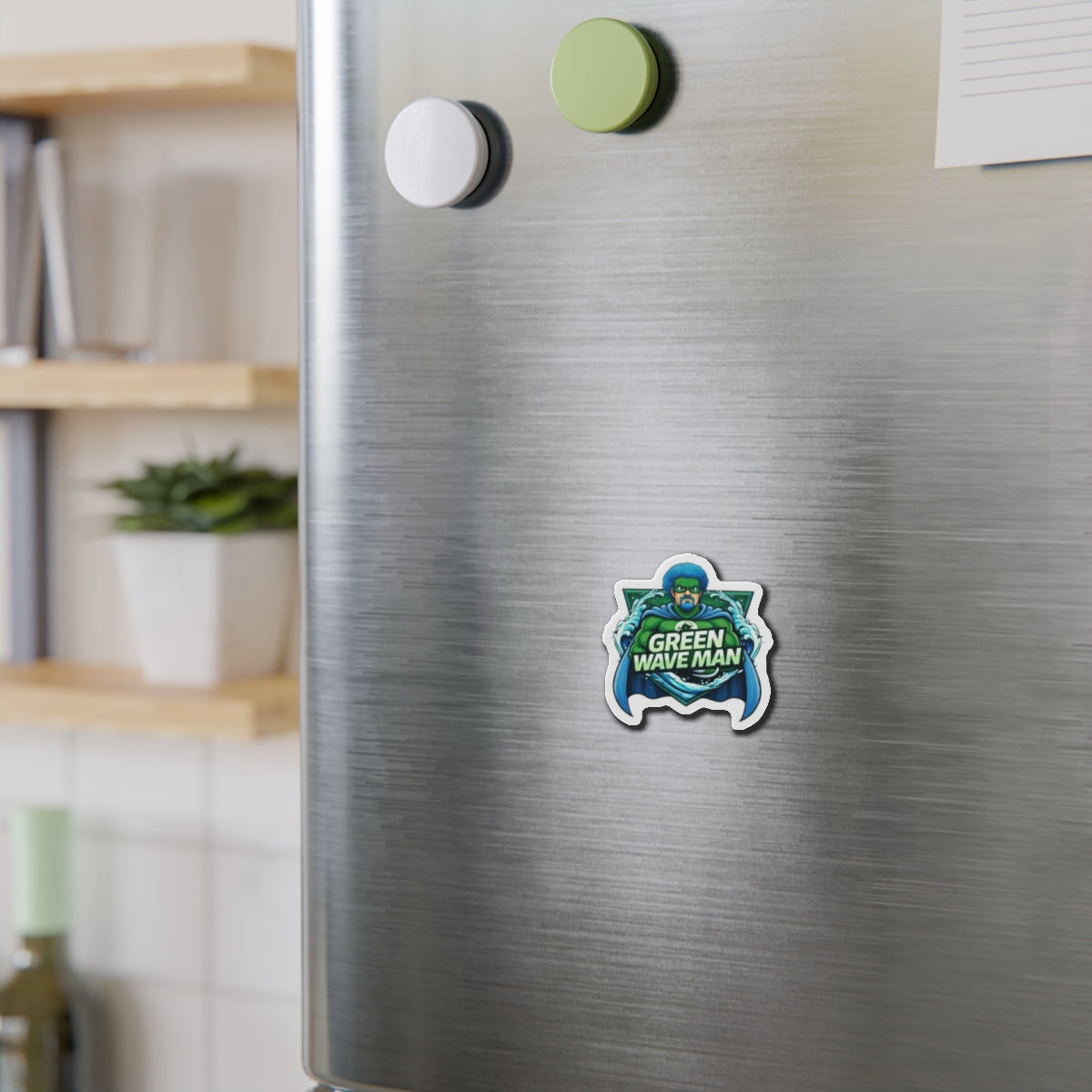 Green Wave Man Die-Cut Magnet — Superhero Ocean Wave Logo Fridge Magnet