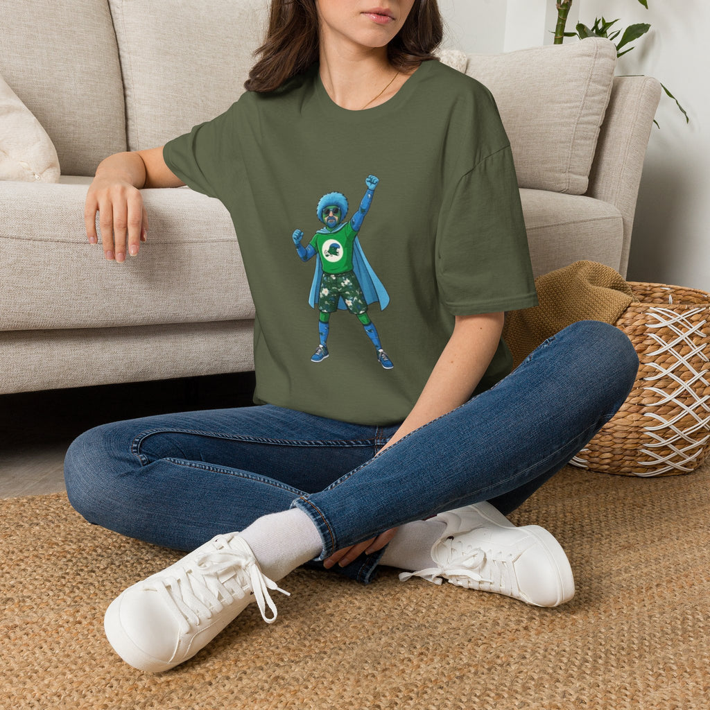 T-Shirt — Green Superhero Character Tee (Blue Afro Cape)
