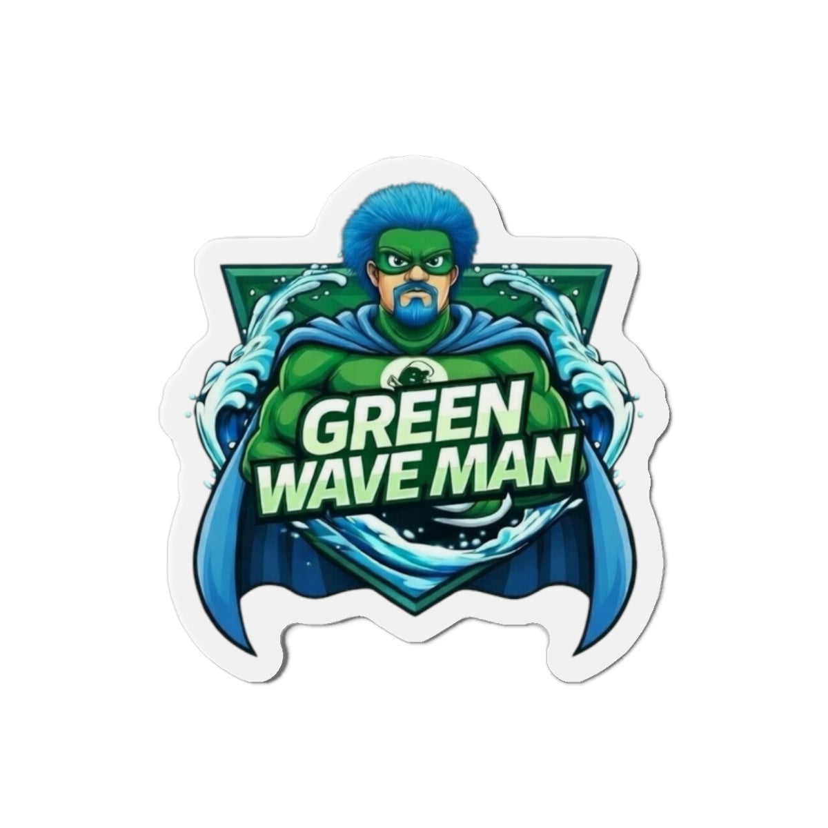 Green Wave Man Die-Cut Magnet — Superhero Ocean Wave Logo Fridge Magnet