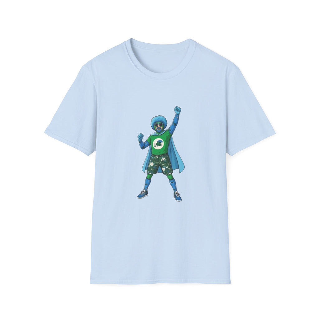 T-Shirt — Green Superhero Character Tee (Blue Afro Cape)