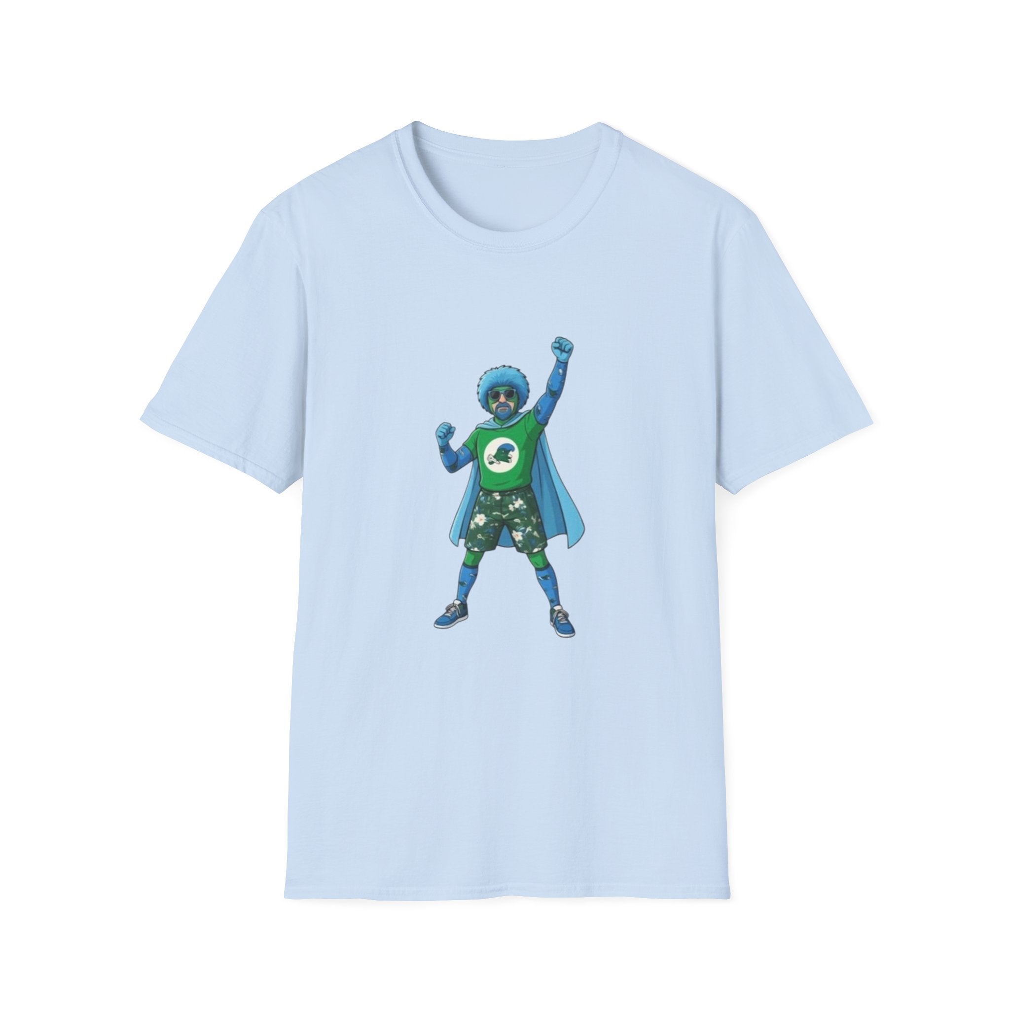 T-Shirt — Green Superhero Character Tee (Blue Afro Cape)