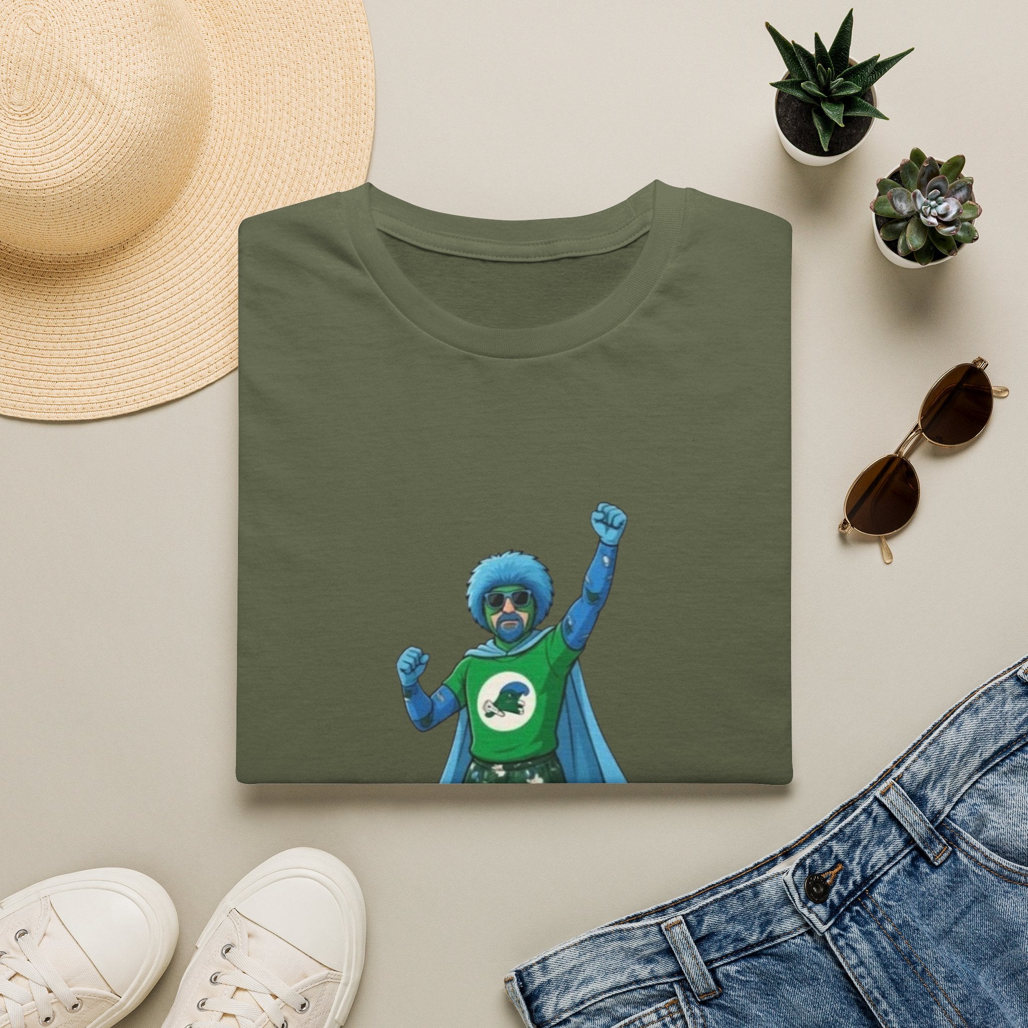 T-Shirt — Green Superhero Character Tee (Blue Afro Cape)