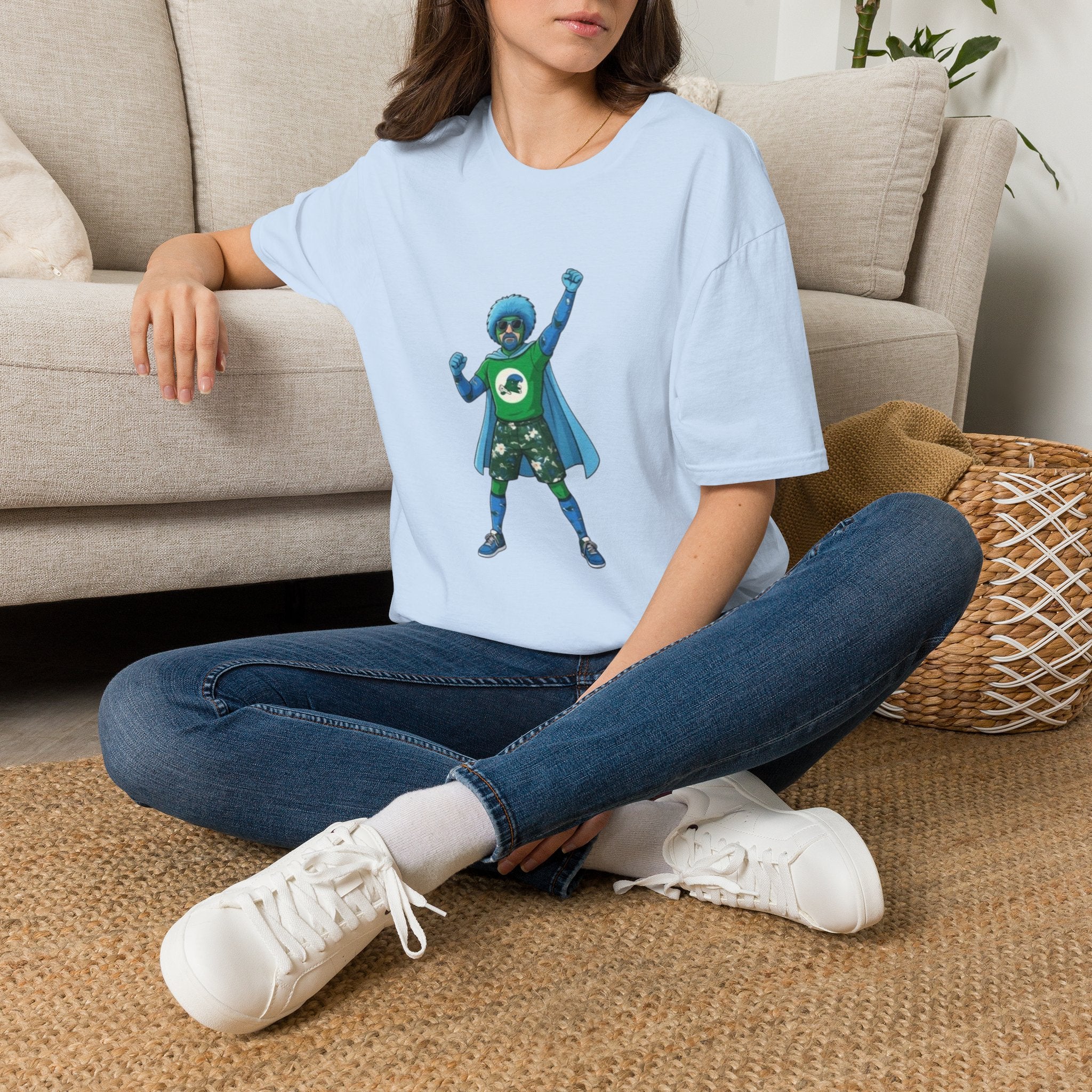 T-Shirt — Green Superhero Character Tee (Blue Afro Cape)